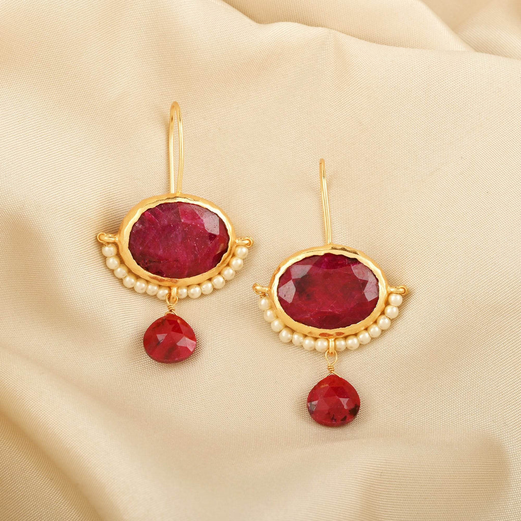 Crimson Ruby & Pearl Drop Earrings - La Vitá Jewels