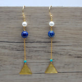 Tringle Disk Pearl Lapis Turquoise Dangle Earrings