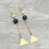 Tringle Disk Pearl Lapis Turquoise Dangle Earrings