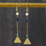 Tringle Disk Pearl Lapis Turquoise Dangle Earrings