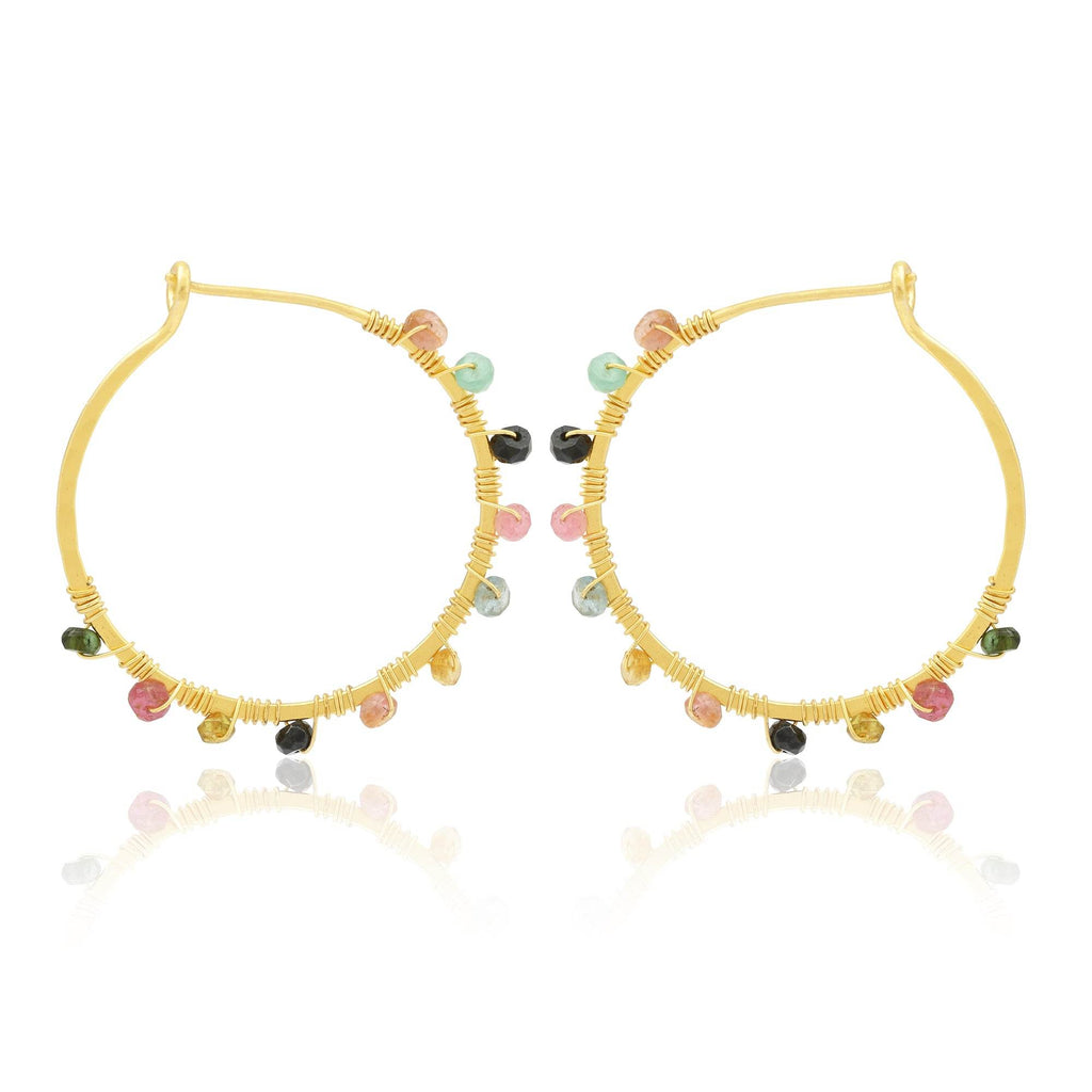 Gold Wire Wrapped Tourmaline Beads Hoop Earrings - La Vitá Jewels