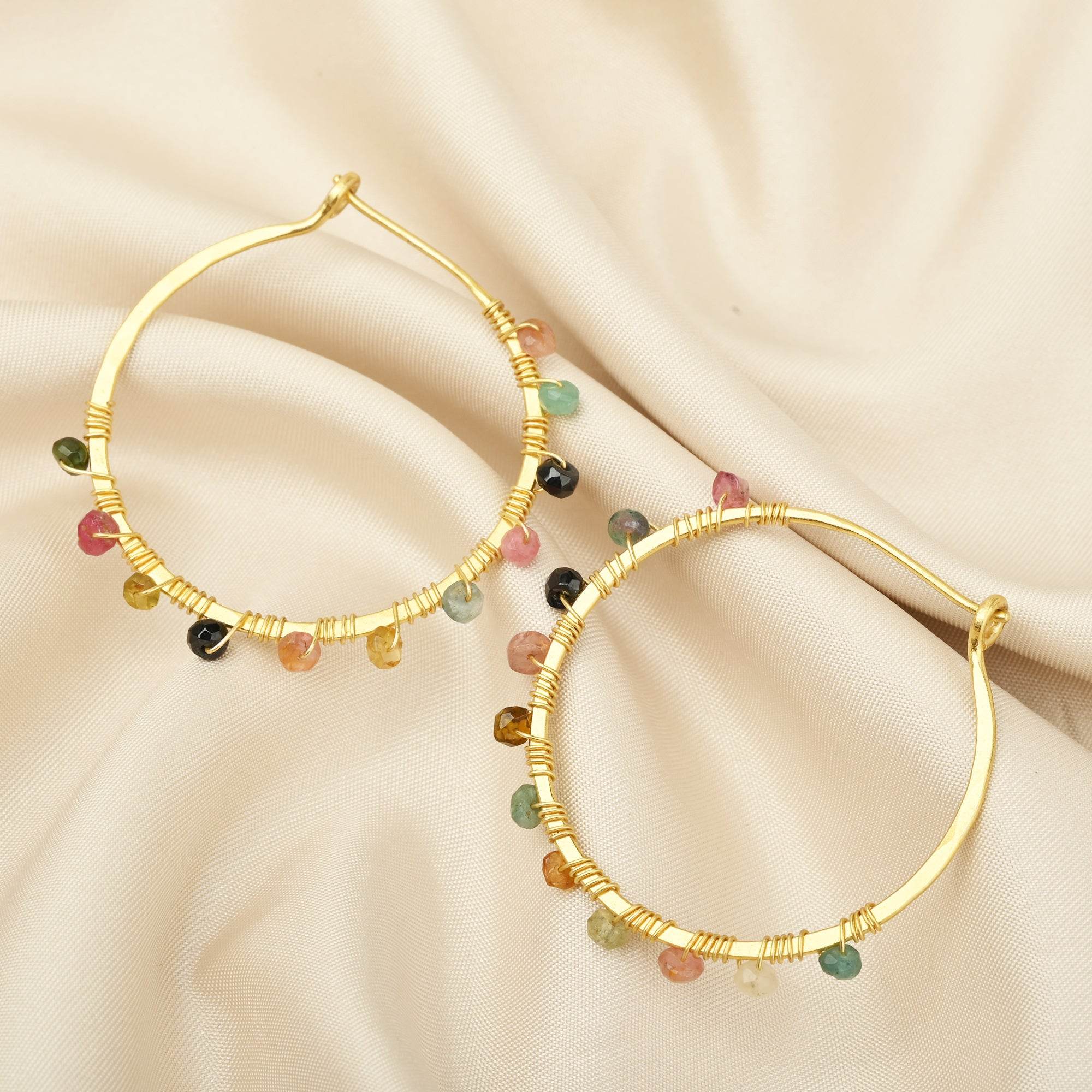Gold Wire Wrapped Tourmaline Beads Hoop Earrings - La Vitá Jewels