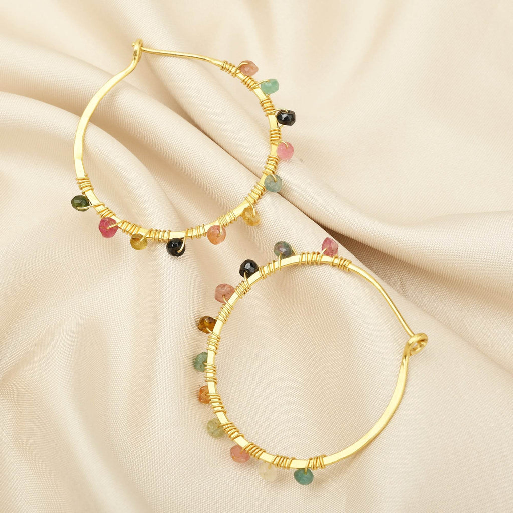 Gold Wire Wrapped Tourmaline Beads Hoop Earrings - La Vitá Jewels