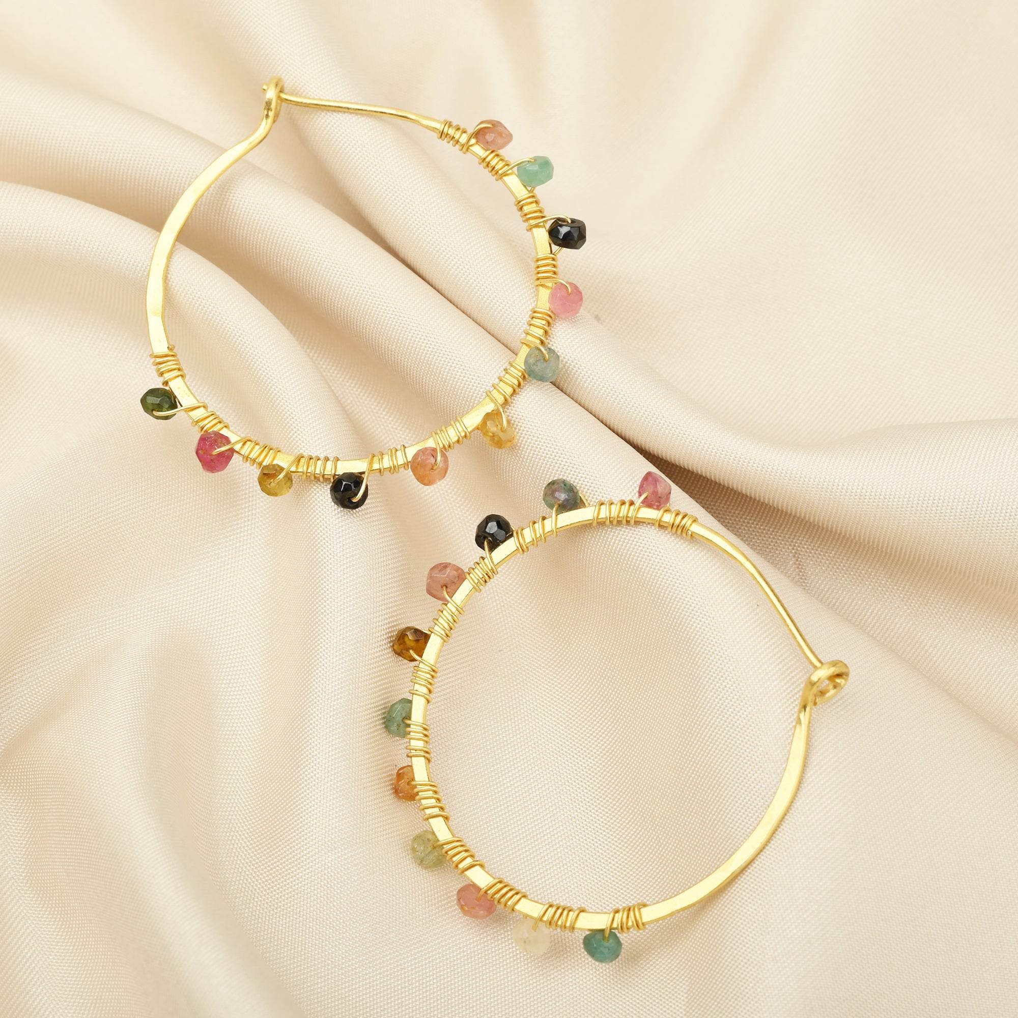 Gold Wire Wrapped Tourmaline Beads Hoop Earrings - La Vitá Jewels