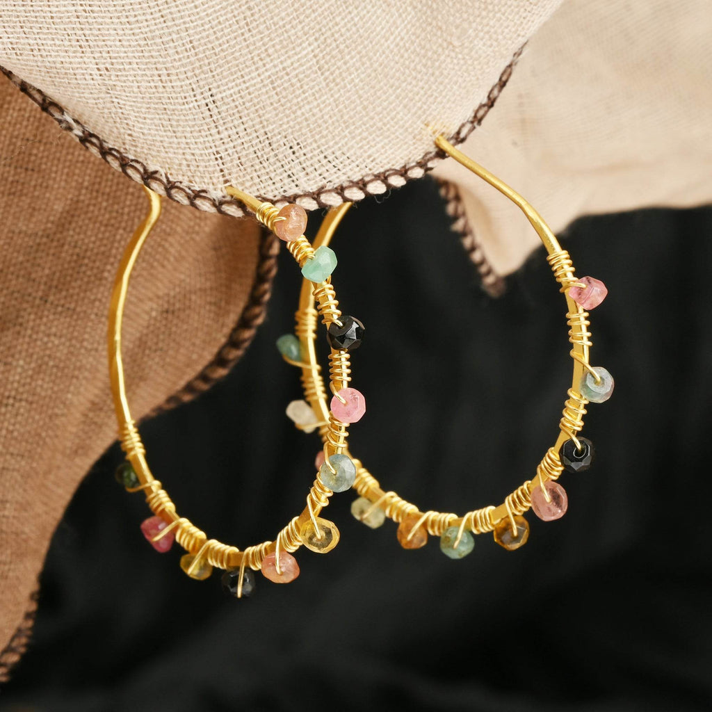 Gold Wire Wrapped Tourmaline Beads Hoop Earrings - La Vitá Jewels