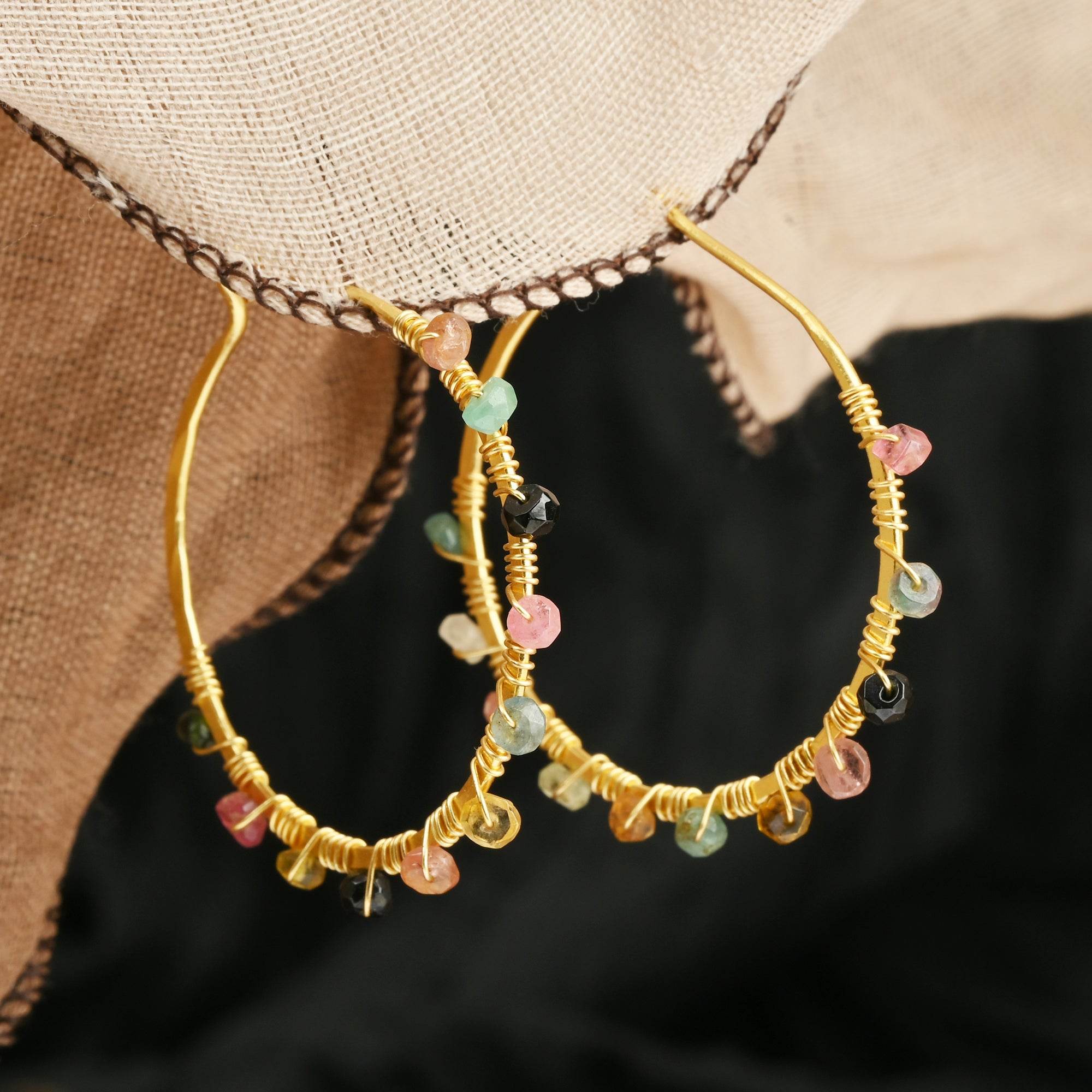 Gold Wire Wrapped Tourmaline Beads Hoop Earrings - La Vitá Jewels