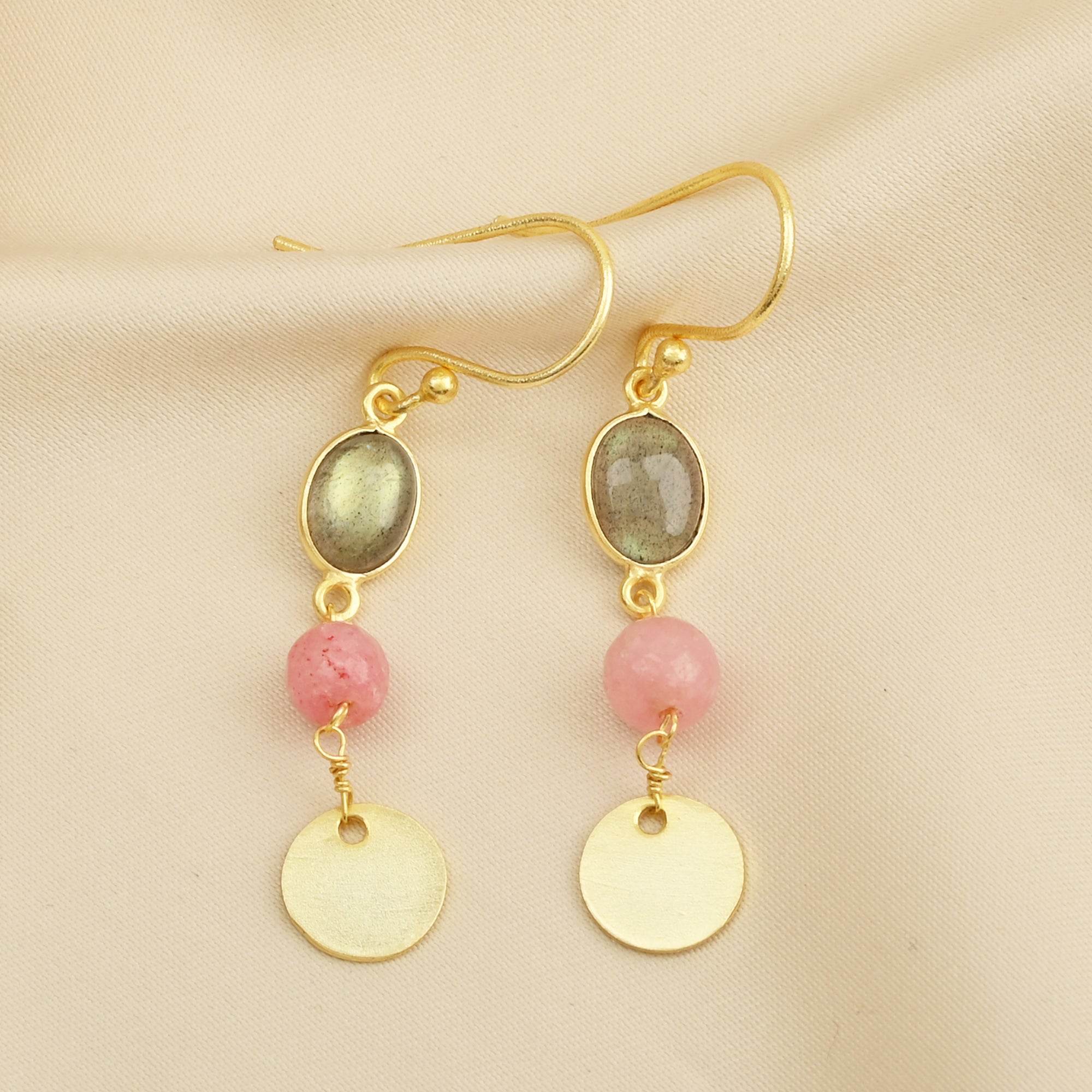 Labradorite and Pink Quartz Dangle Earrings - La Vitá Jewels