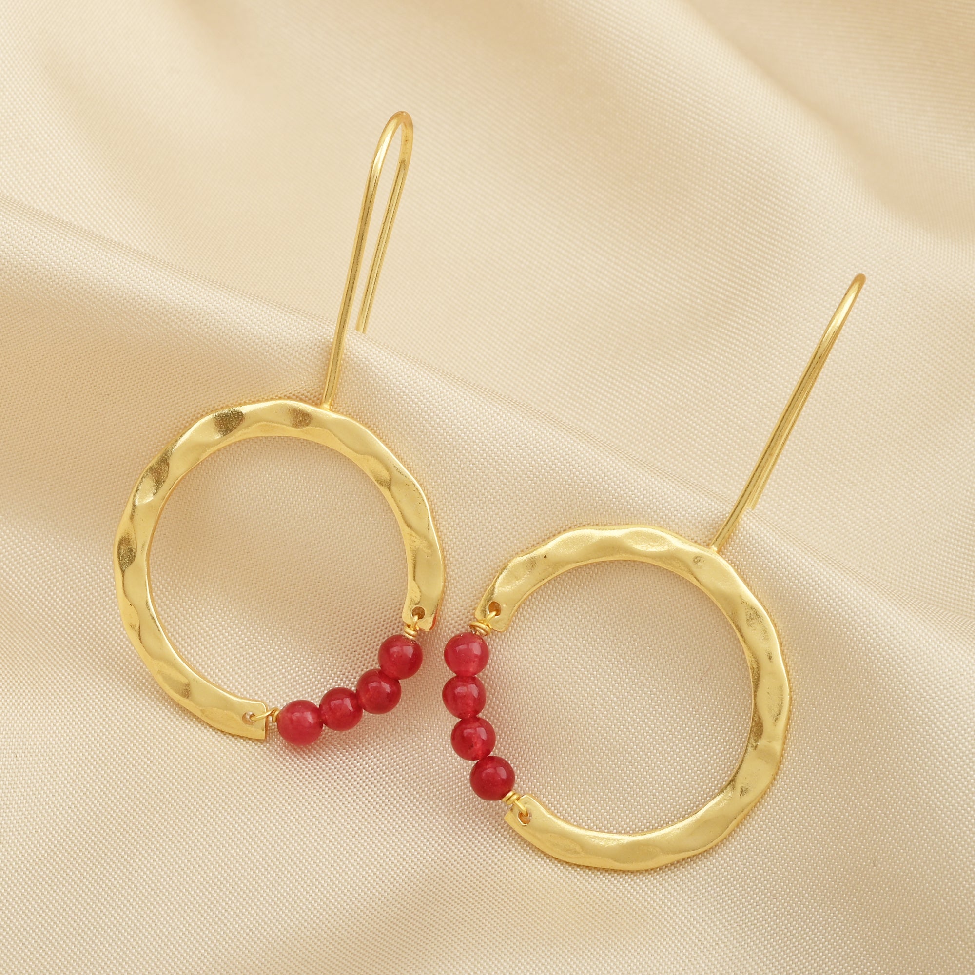 Textured Hoop Earrings with Pink quartz Beads