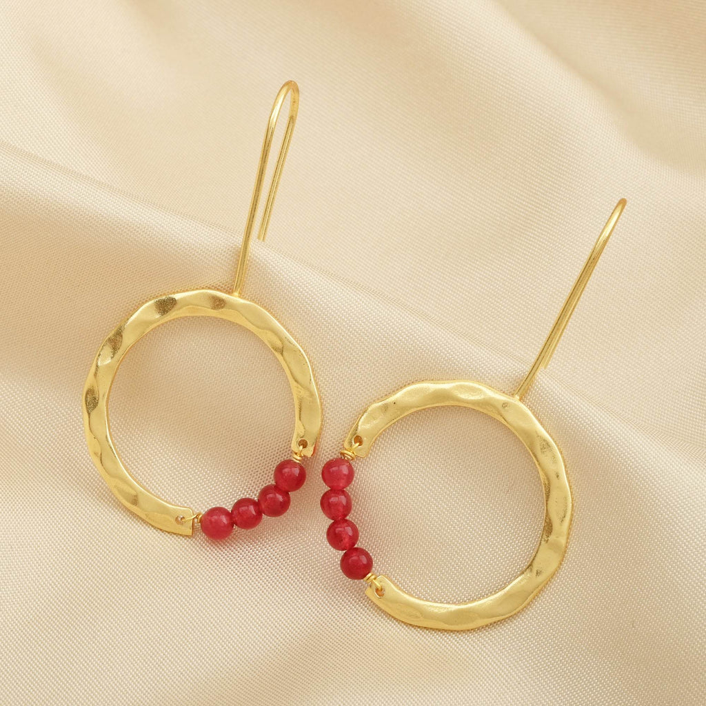 Textured Hoop Earrings with Pink quartz Beads - La Vitá Jewels