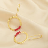 Textured Hoop Earrings with Pink quartz Beads