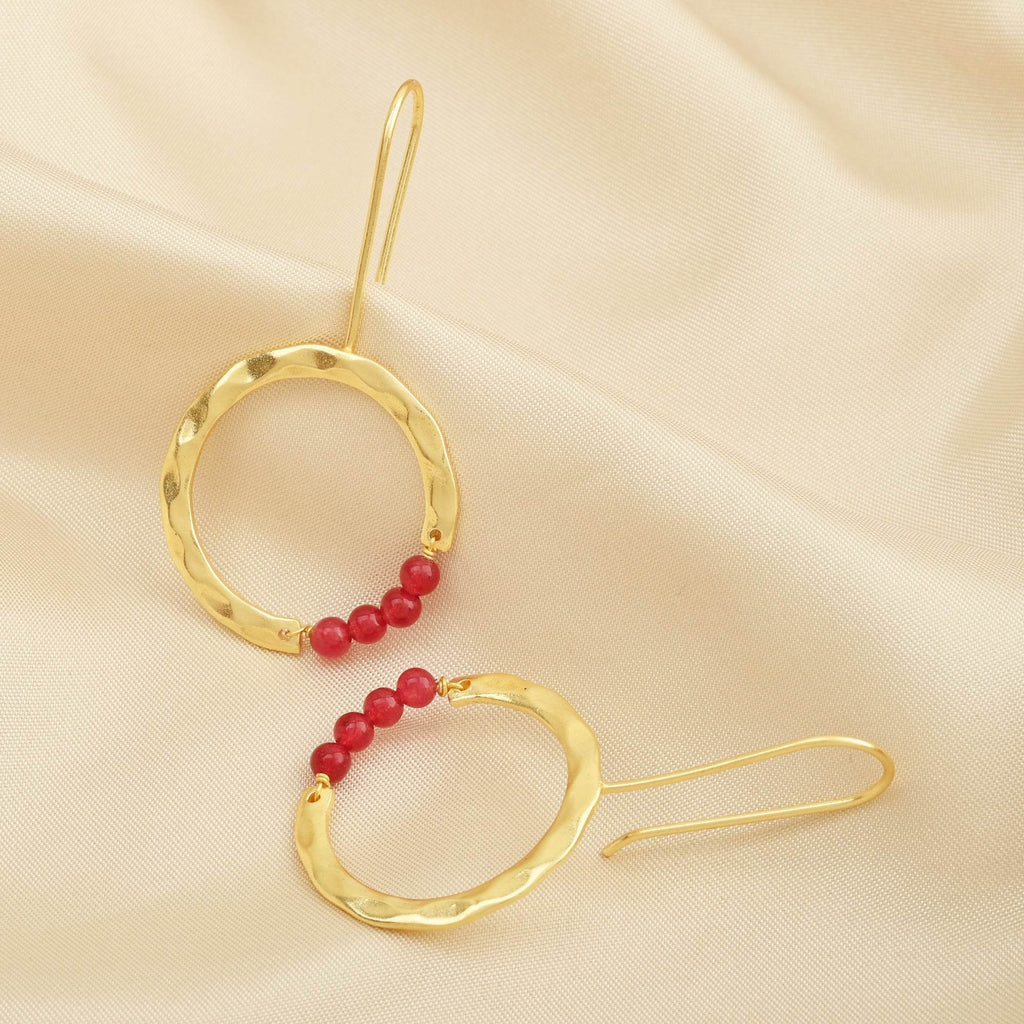 Textured Hoop Earrings with Pink quartz Beads - La Vitá Jewels