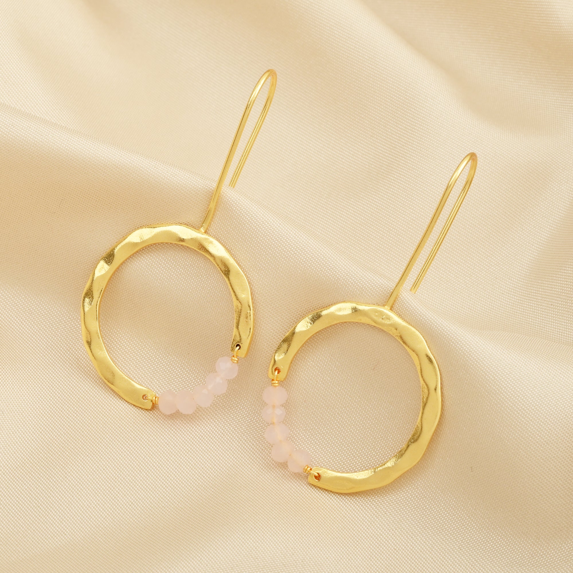 Textured Hoop Earrings with Pink quartz Beads