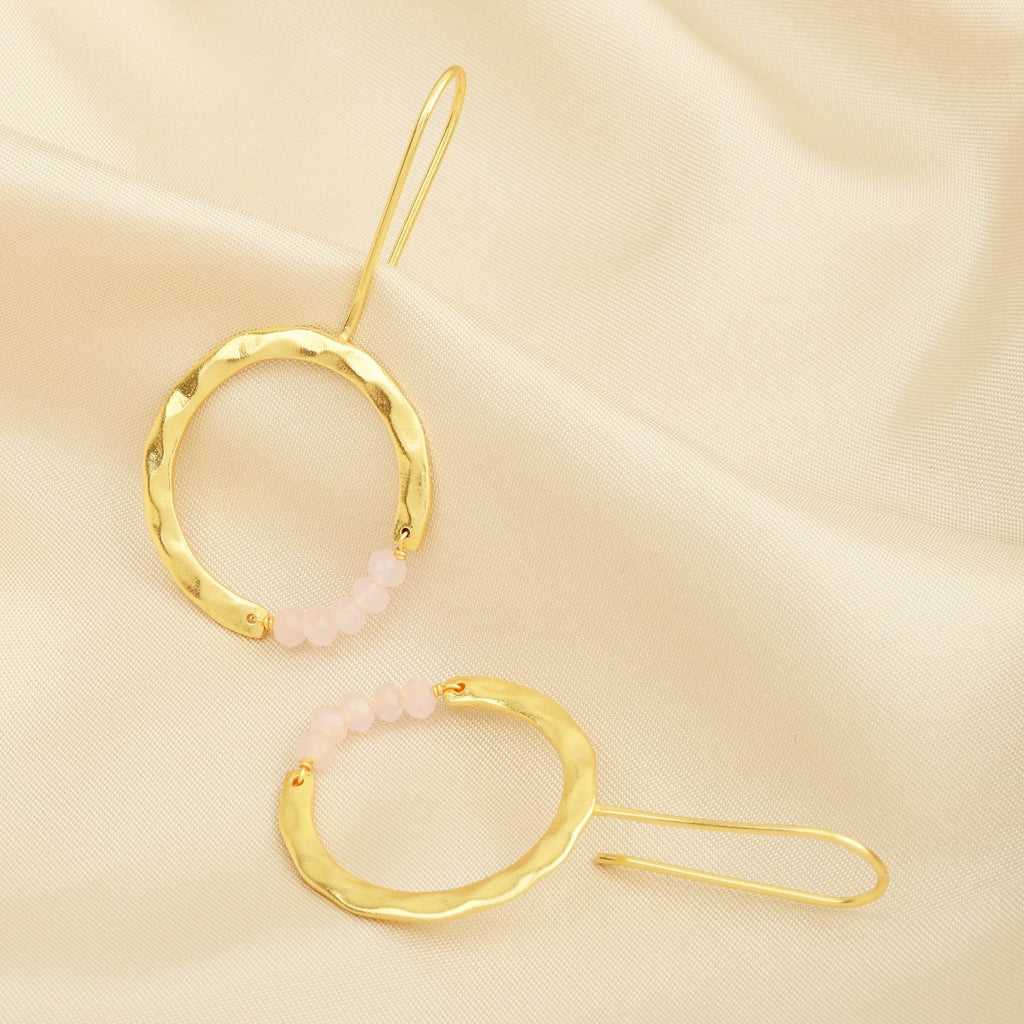 Textured Hoop Earrings with Pink quartz Beads - La Vitá Jewels