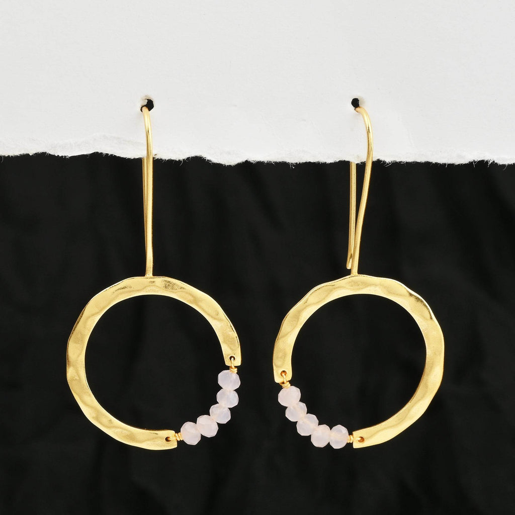 Textured Hoop Earrings with Pink quartz Beads - La Vitá Jewels