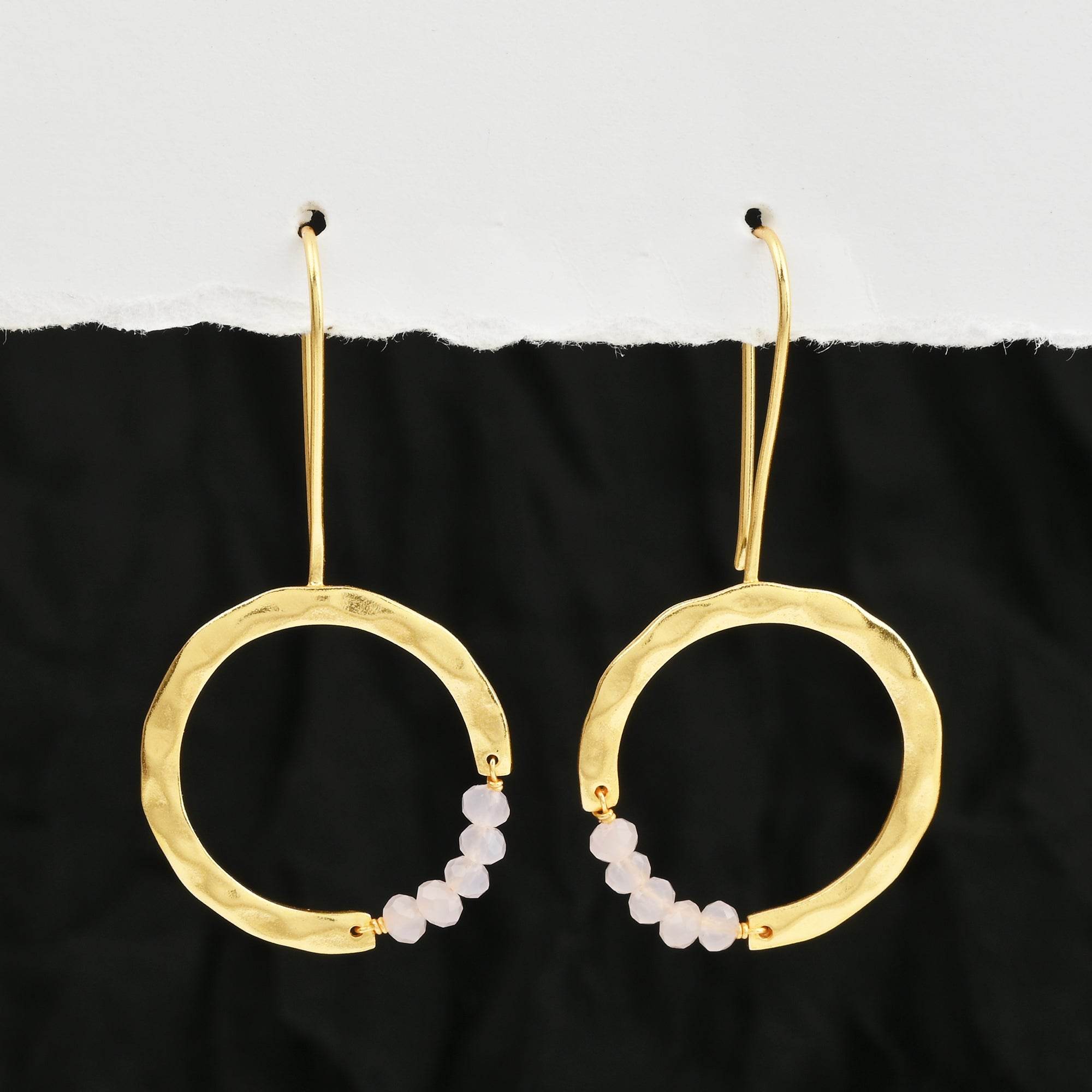 Textured Hoop Earrings with Pink quartz Beads - La Vitá Jewels