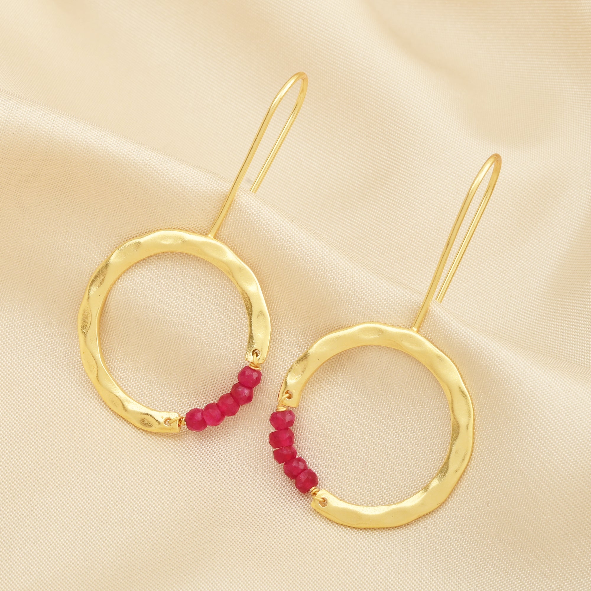 Textured Hoop Earrings with Pink quartz Beads