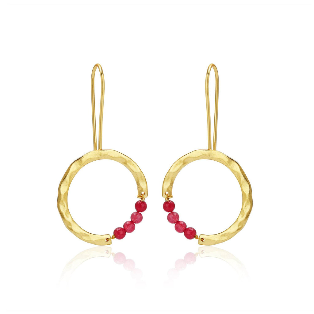 Textured Hoop Earrings with Pink quartz Beads - La Vitá Jewels