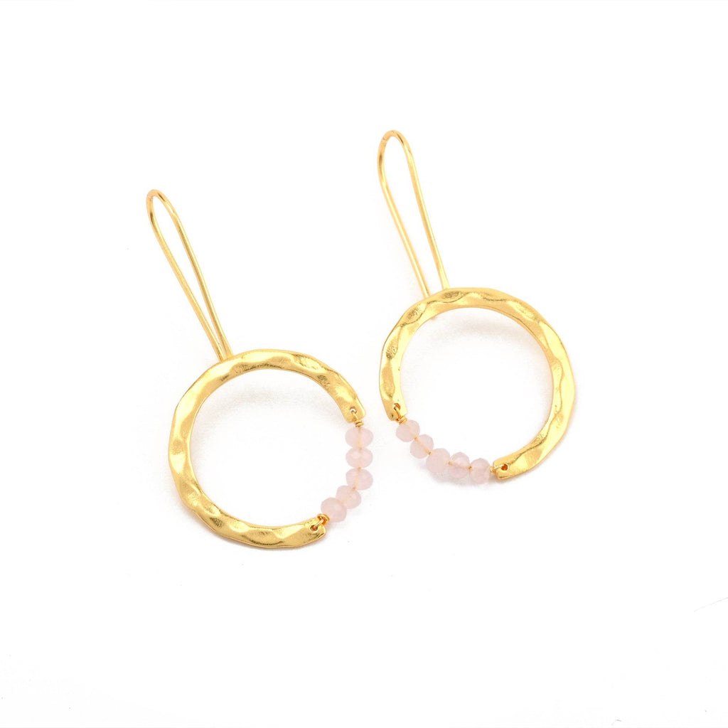 Textured Hoop Earrings with Pink quartz Beads - La Vitá Jewels