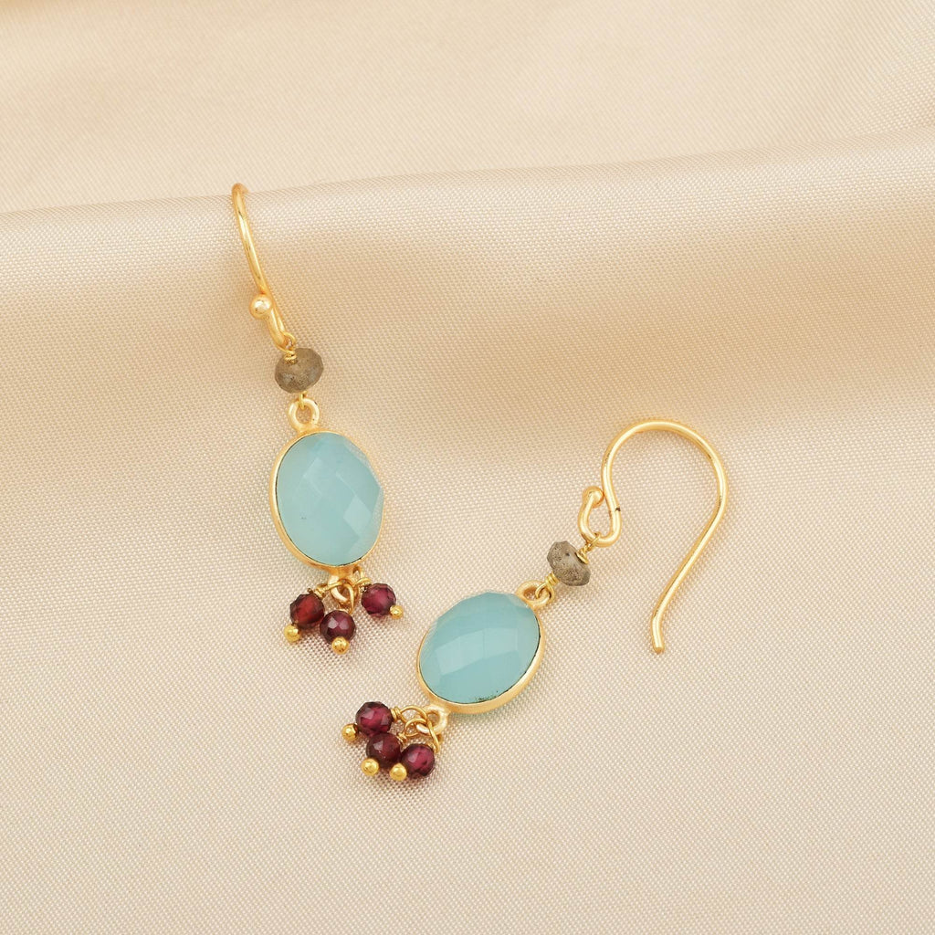 Aqua Chalcy with Labradorite, Garnet Beads Earrings - La Vitá Jewels