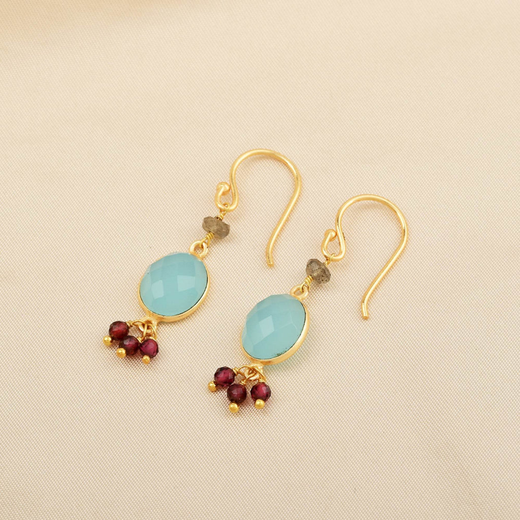 Aqua Chalcy with Labradorite, Garnet Beads Earrings - La Vitá Jewels