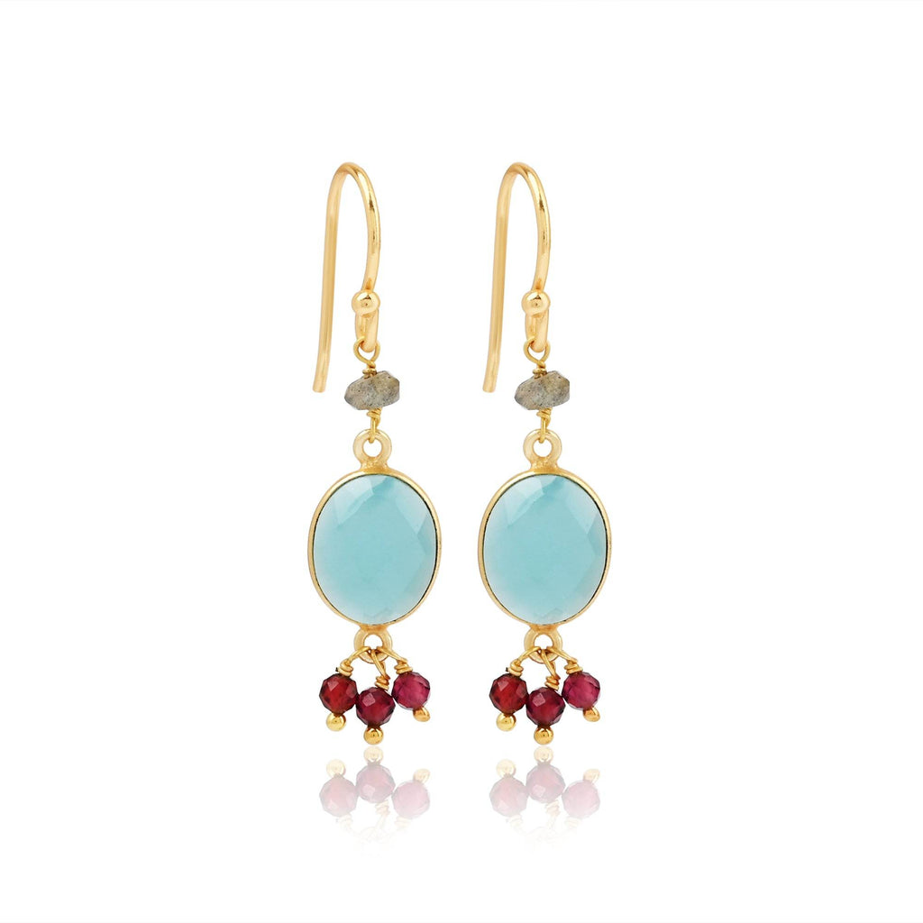 Aqua Chalcy with Labradorite, Garnet Beads Earrings - La Vitá Jewels