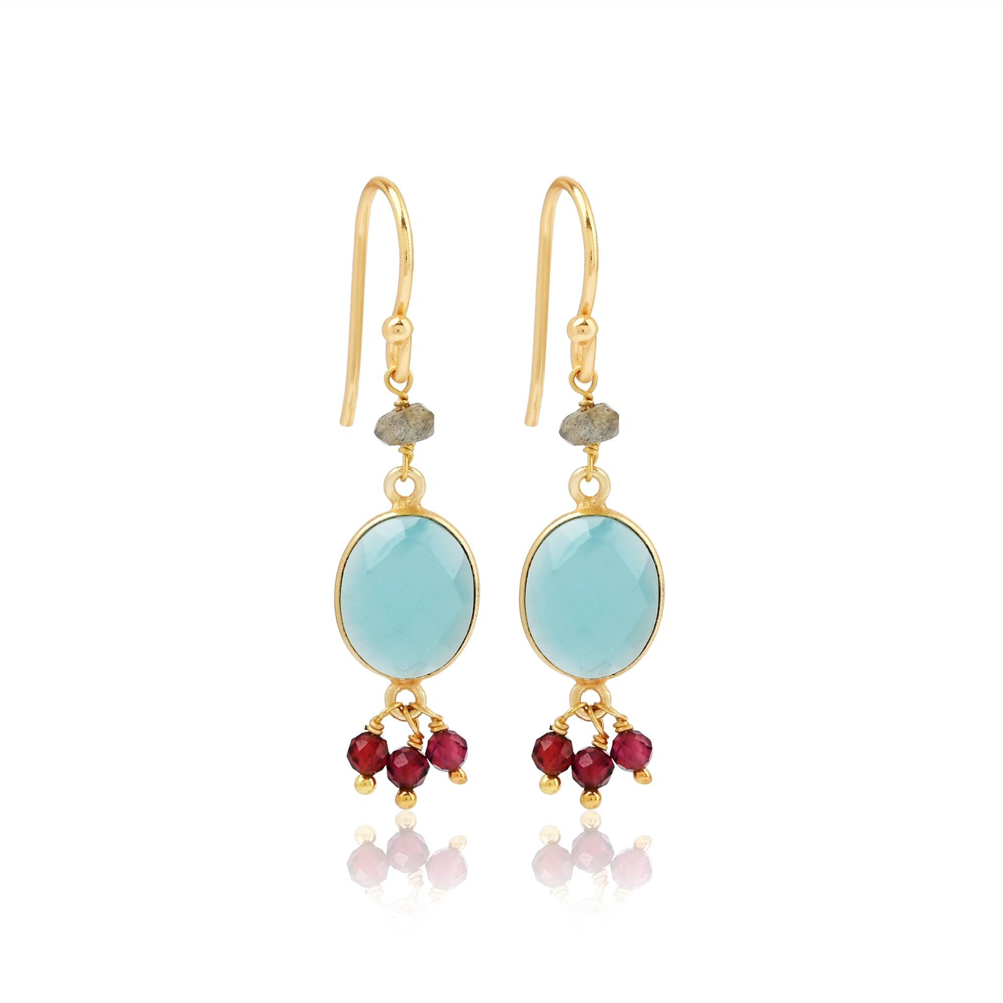 Aqua Chalcy with Labradorite, Garnet Beads Earrings - La Vitá Jewels