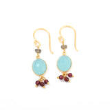 Aqua Chalcedony, Garnet and Labradorite Dangle Earrings