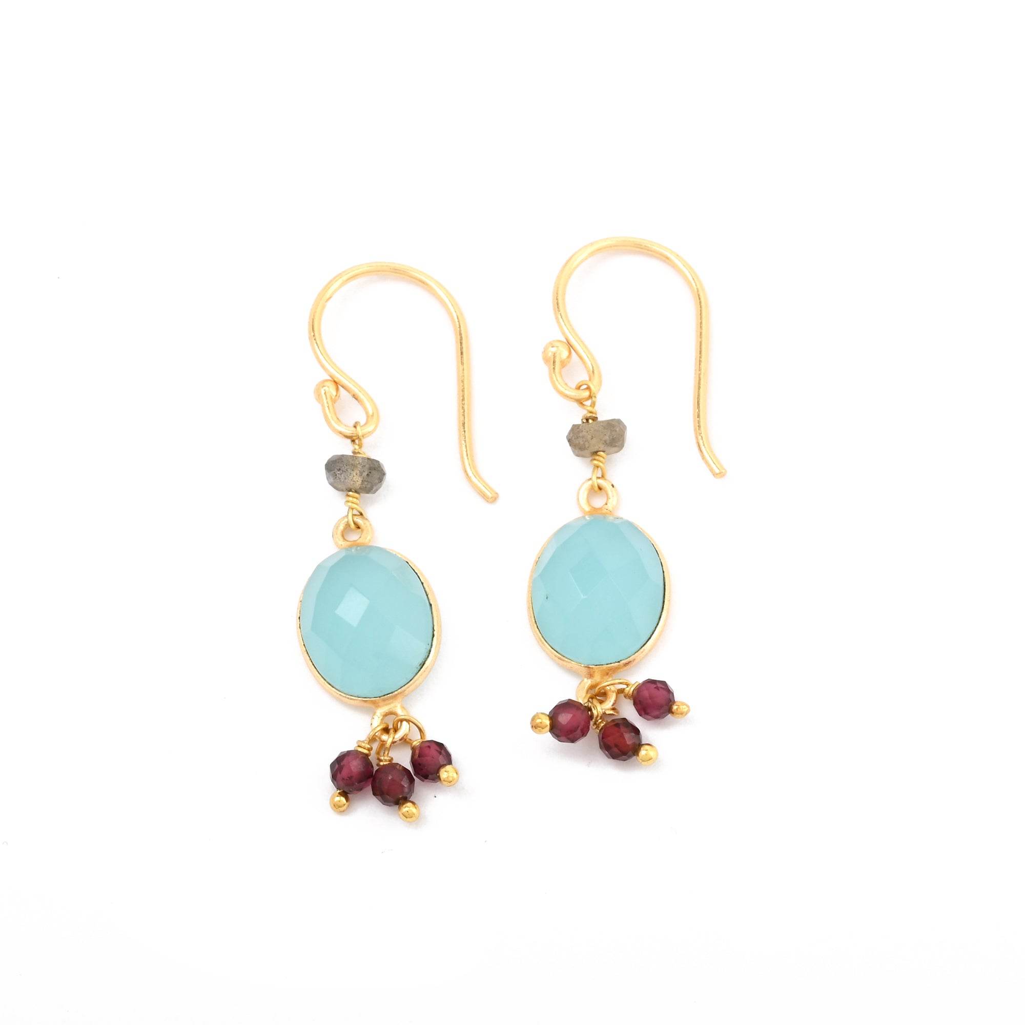Aqua Chalcy with Labradorite, Garnet Beads Earrings - La Vitá Jewels
