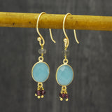 Labradorite Aqua Chalcedony Garnet  Dangle Earrings