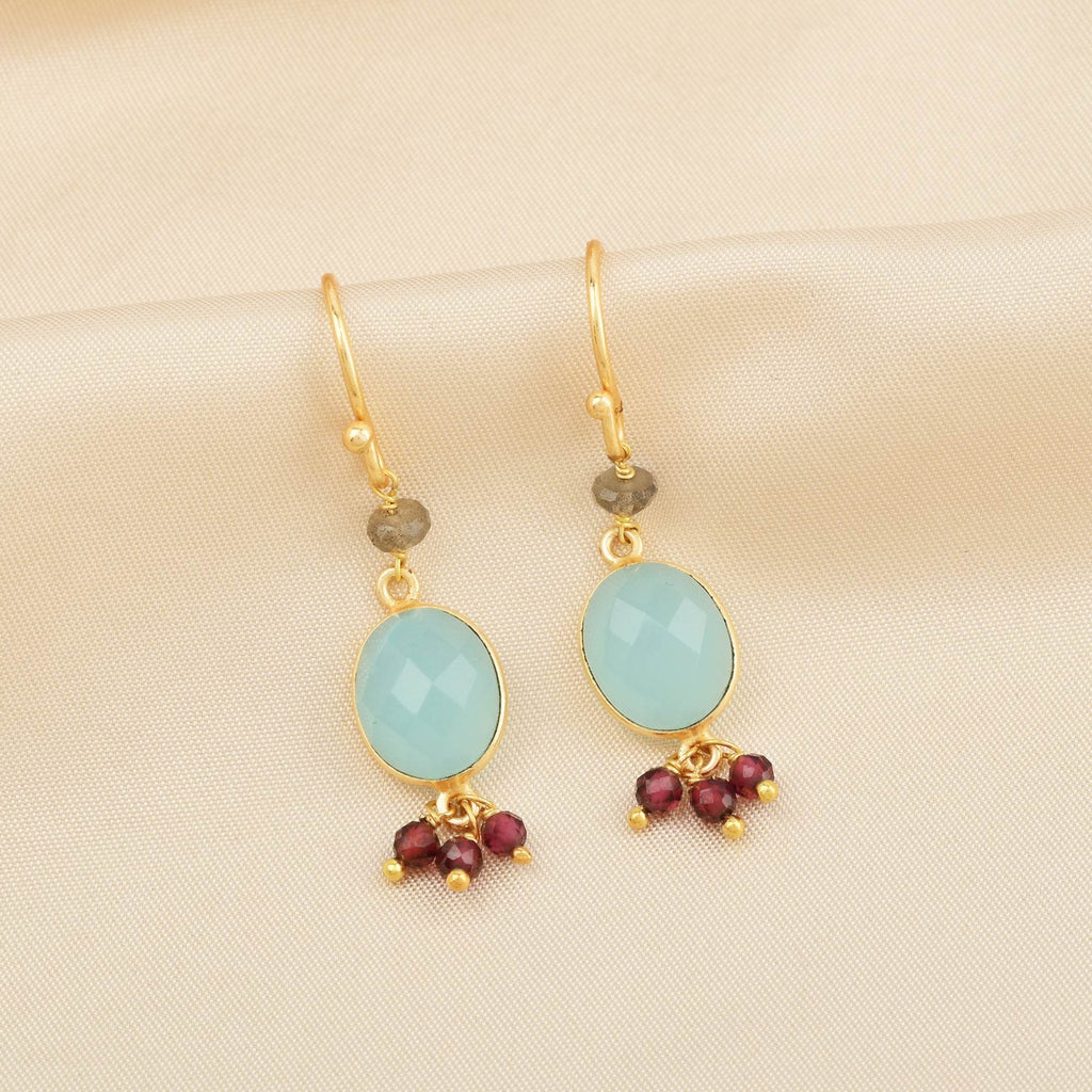 Aqua Chalcy with Labradorite, Garnet Beads Earrings - La Vitá Jewels