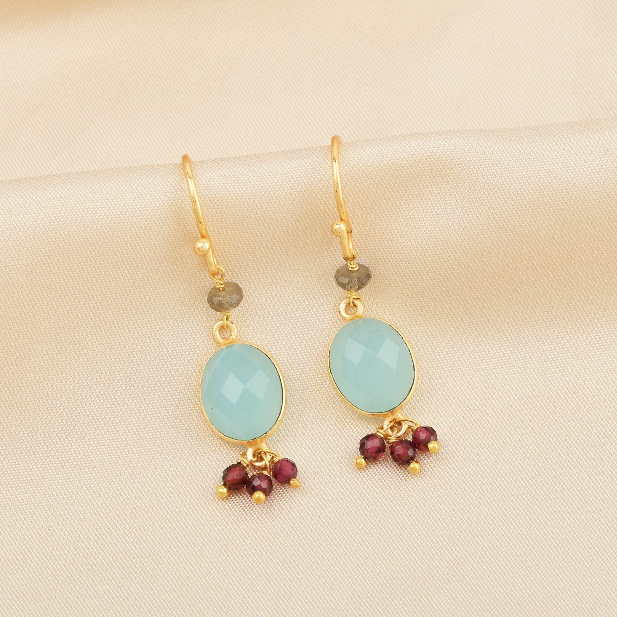 Aqua Chalcy with Labradorite, Garnet Beads Earrings - La Vitá Jewels