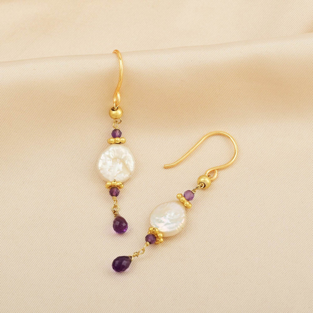 Coin Pearl and Amethyst Dangle Earring - La Vitá Jewels