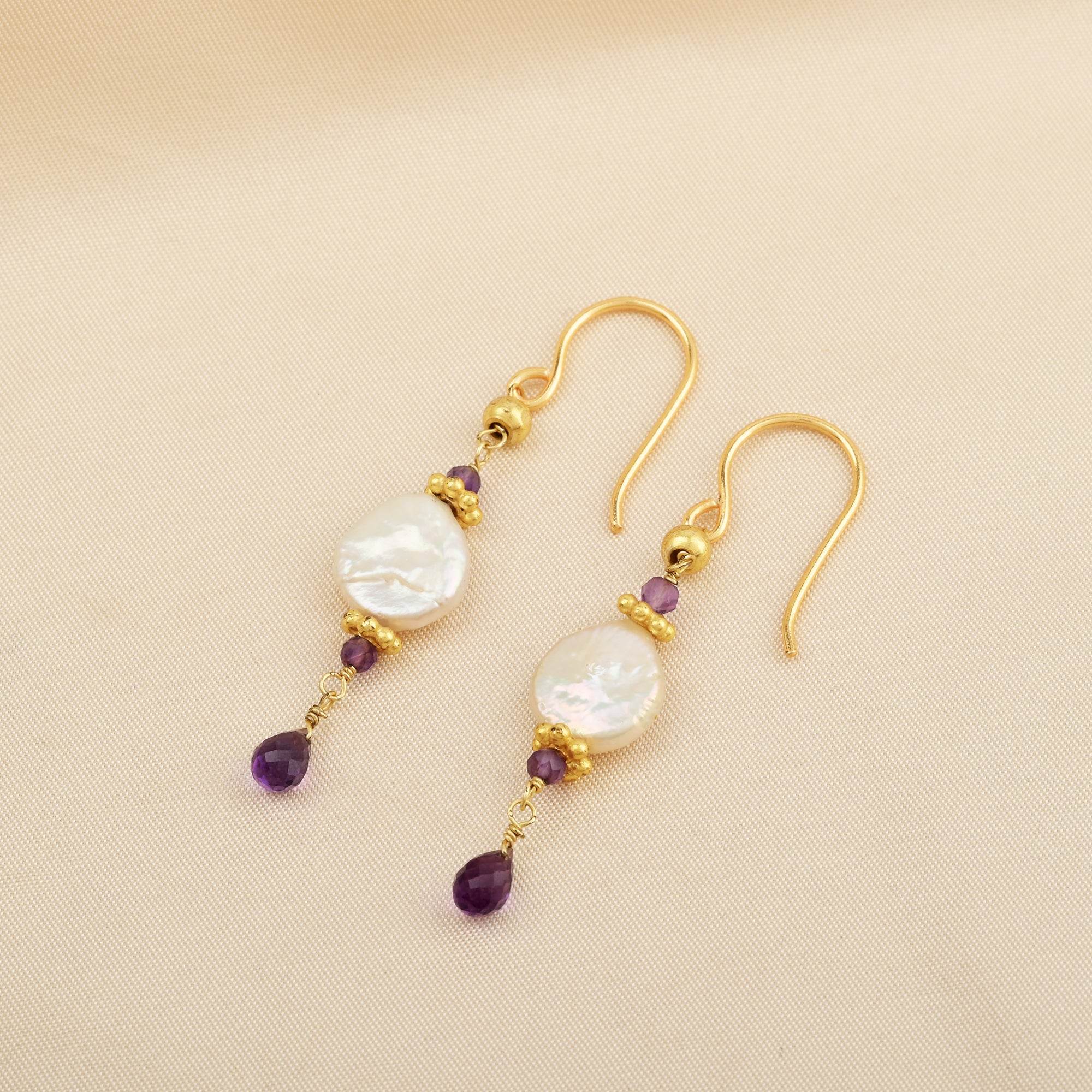 Coin Pearl and Amethyst Dangle Earring - La Vitá Jewels