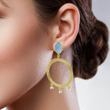 925 Silver with 22k  Aqua Chalcedony and Pearl Circle Earrings