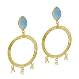 925 Silver with 22k  Aqua Chalcedony and Pearl Circle Earrings