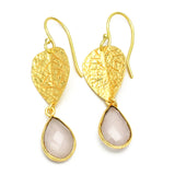 Rose Quartz  with Leaf Dangle Earrings in  22k