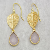 Rose Quartz  with Leaf Dangle Earrings in  22k