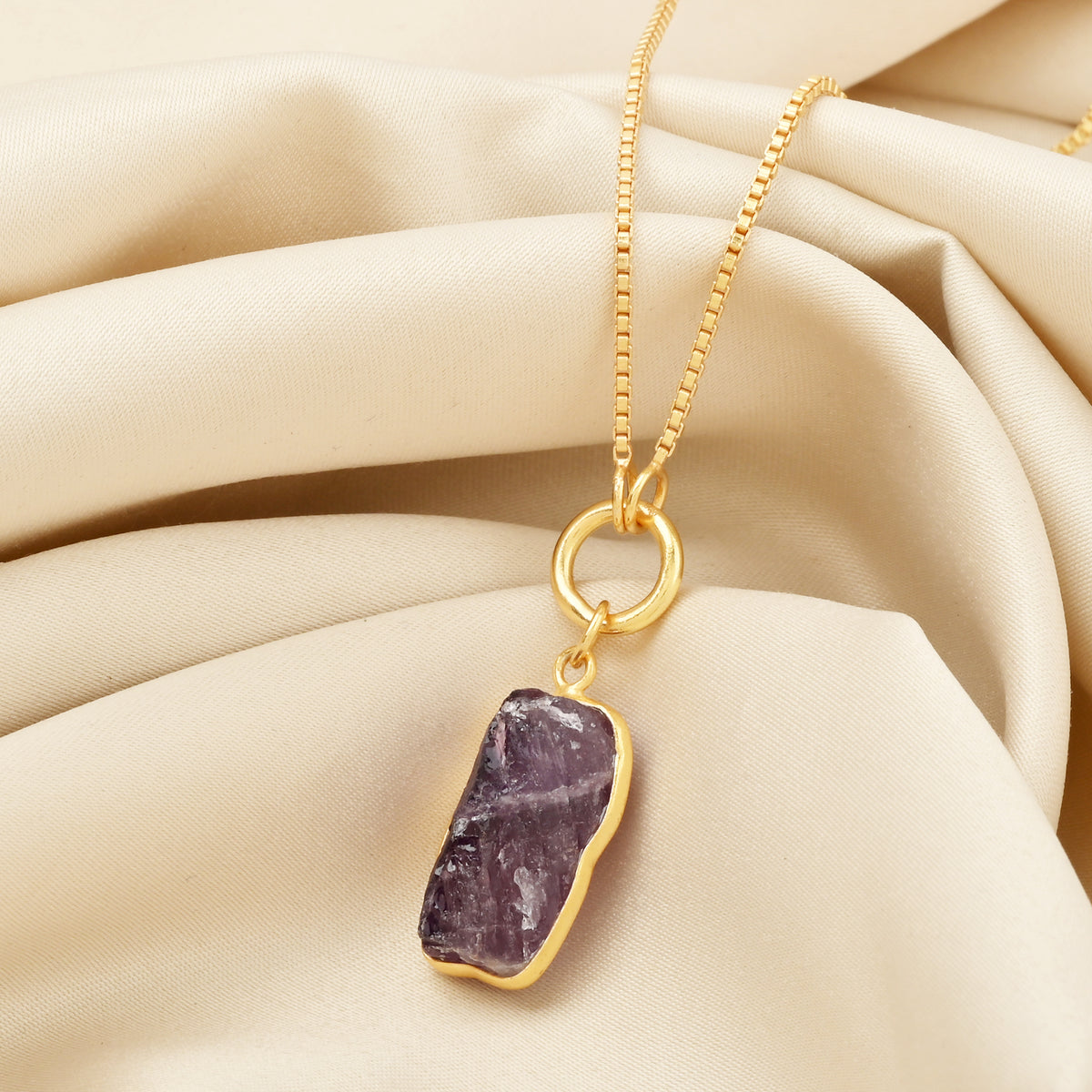 Raw Amethyst Slice Pendant Box Chain Necklace
