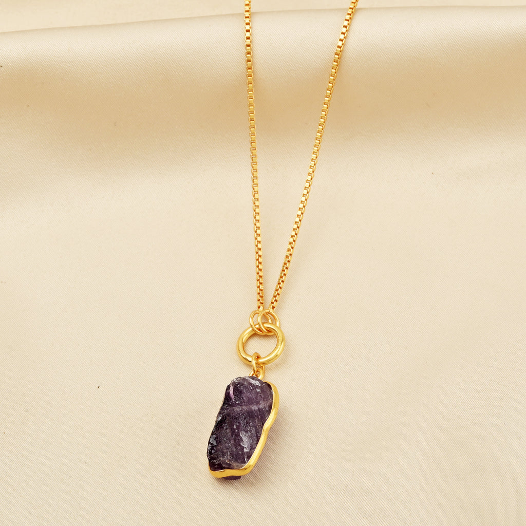 Raw Amethyst Slice Pendant Box Chain Necklace