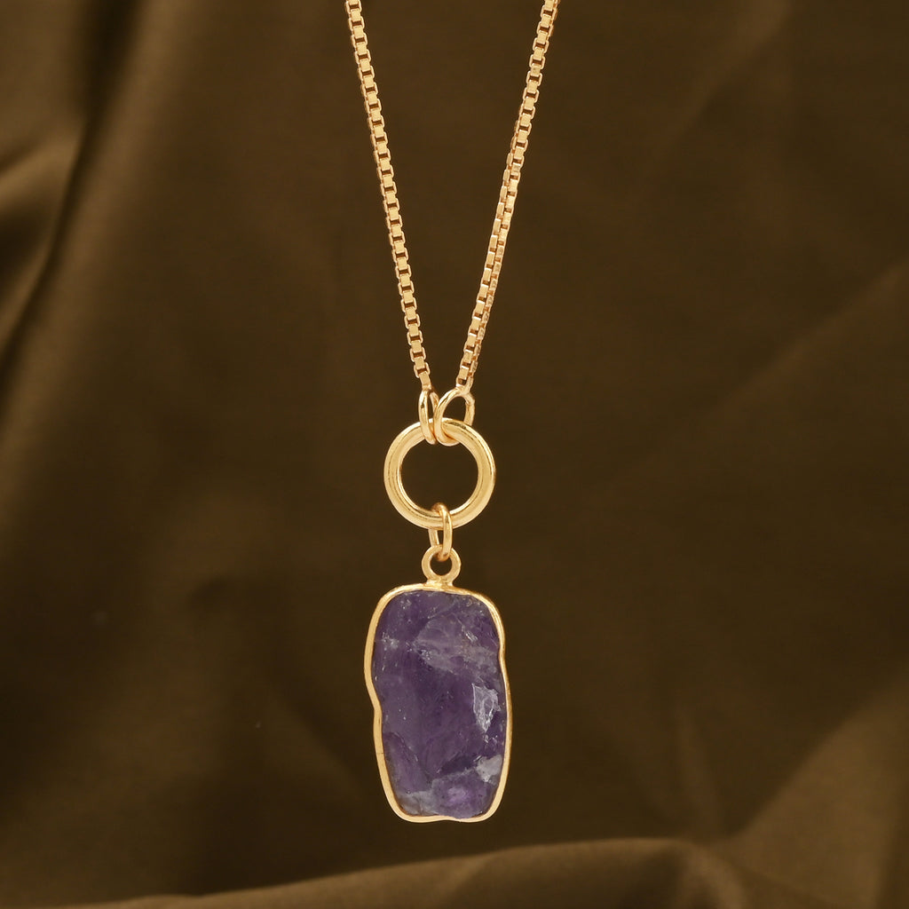 Raw Amethyst Slice Pendant Box Chain Necklace