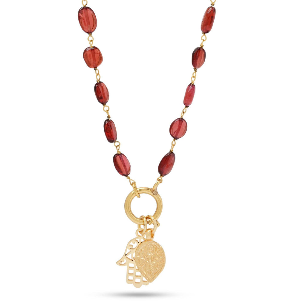 Hamsa and Durga Charm with Garnet Gemstone Necklaces - La Vitá Jewels