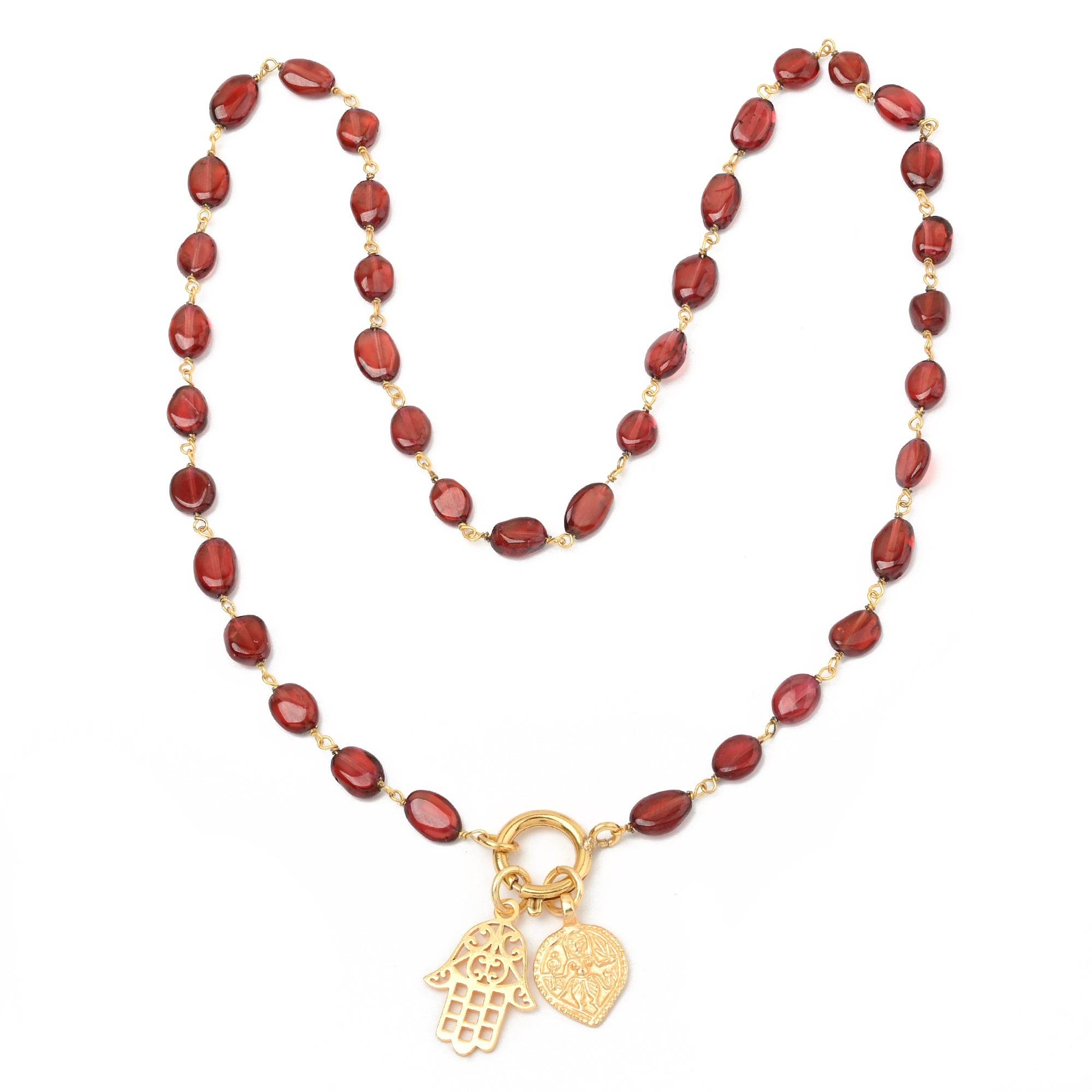 Hamsa and Durga Charm with Garnet Gemstone Necklaces - La Vitá Jewels