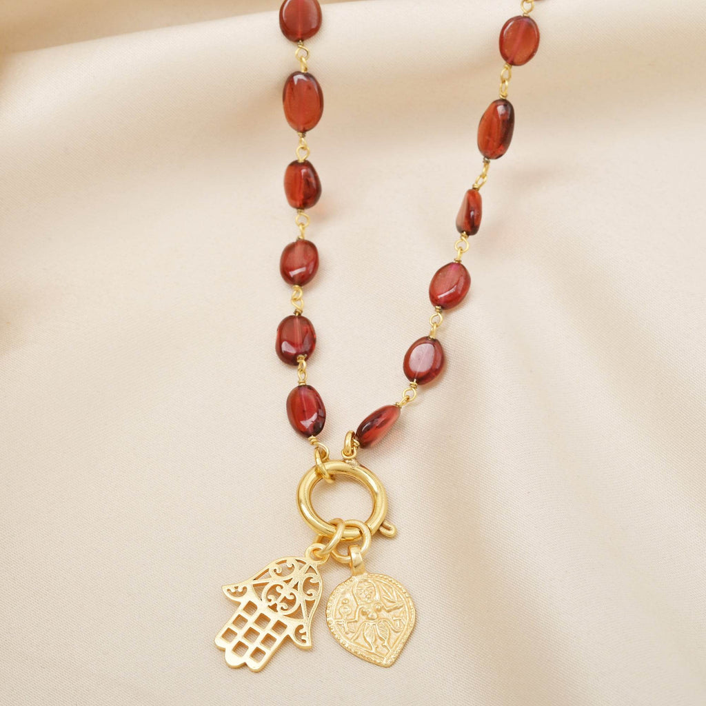 Hamsa and Durga Charm with Garnet Gemstone Necklaces - La Vitá Jewels