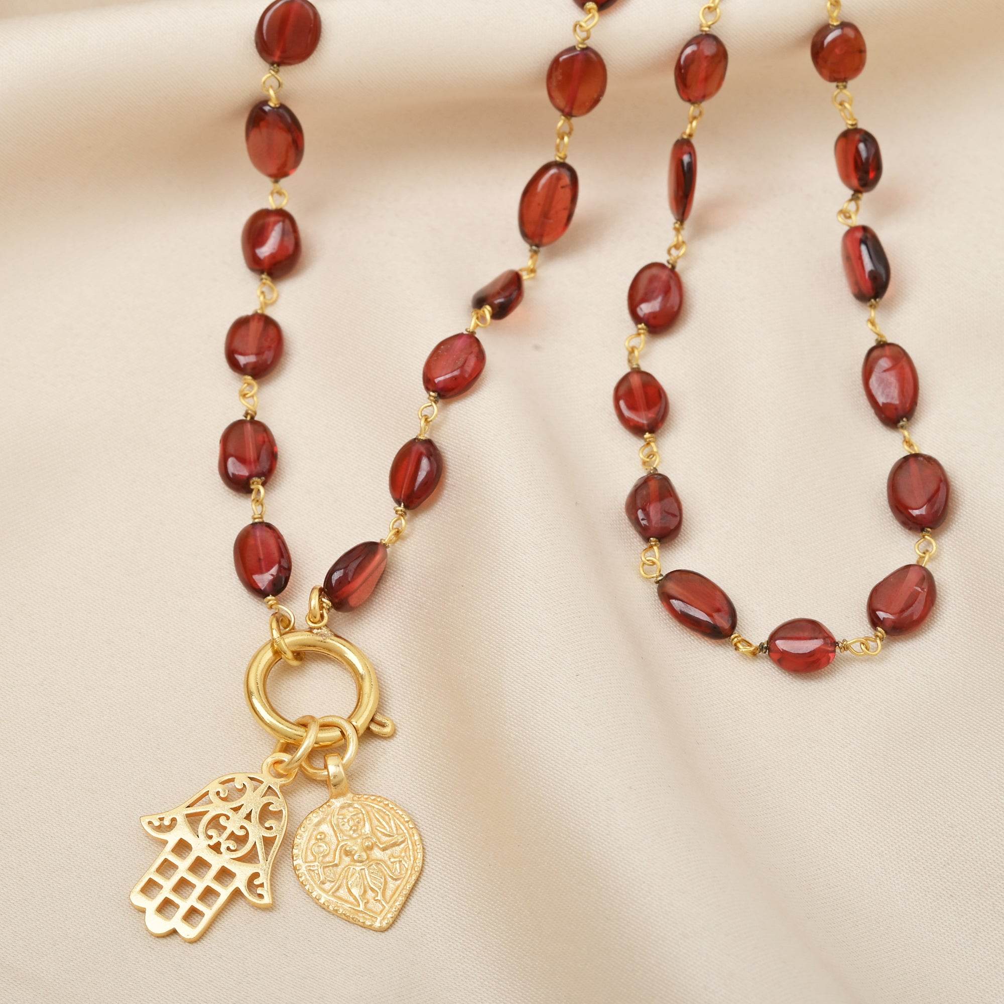 Hamsa and Durga Charm with Garnet Gemstone Necklaces - La Vitá Jewels