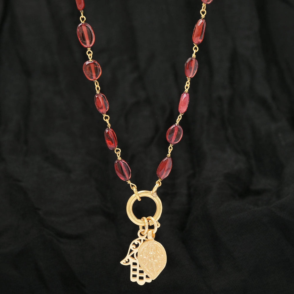 Hamsa and Durga Charm with Garnet Gemstone Necklaces - La Vitá Jewels
