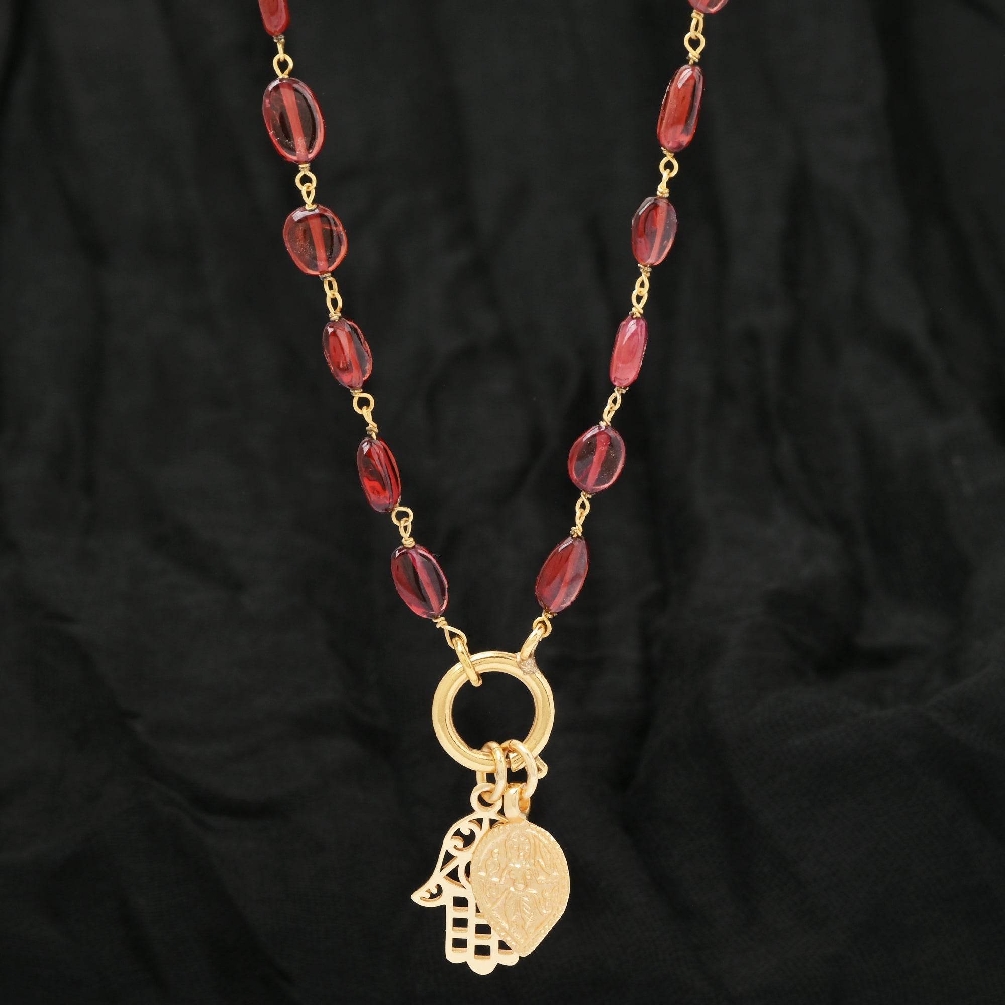 Hamsa and Durga Charm with Garnet Gemstone Necklaces - La Vitá Jewels