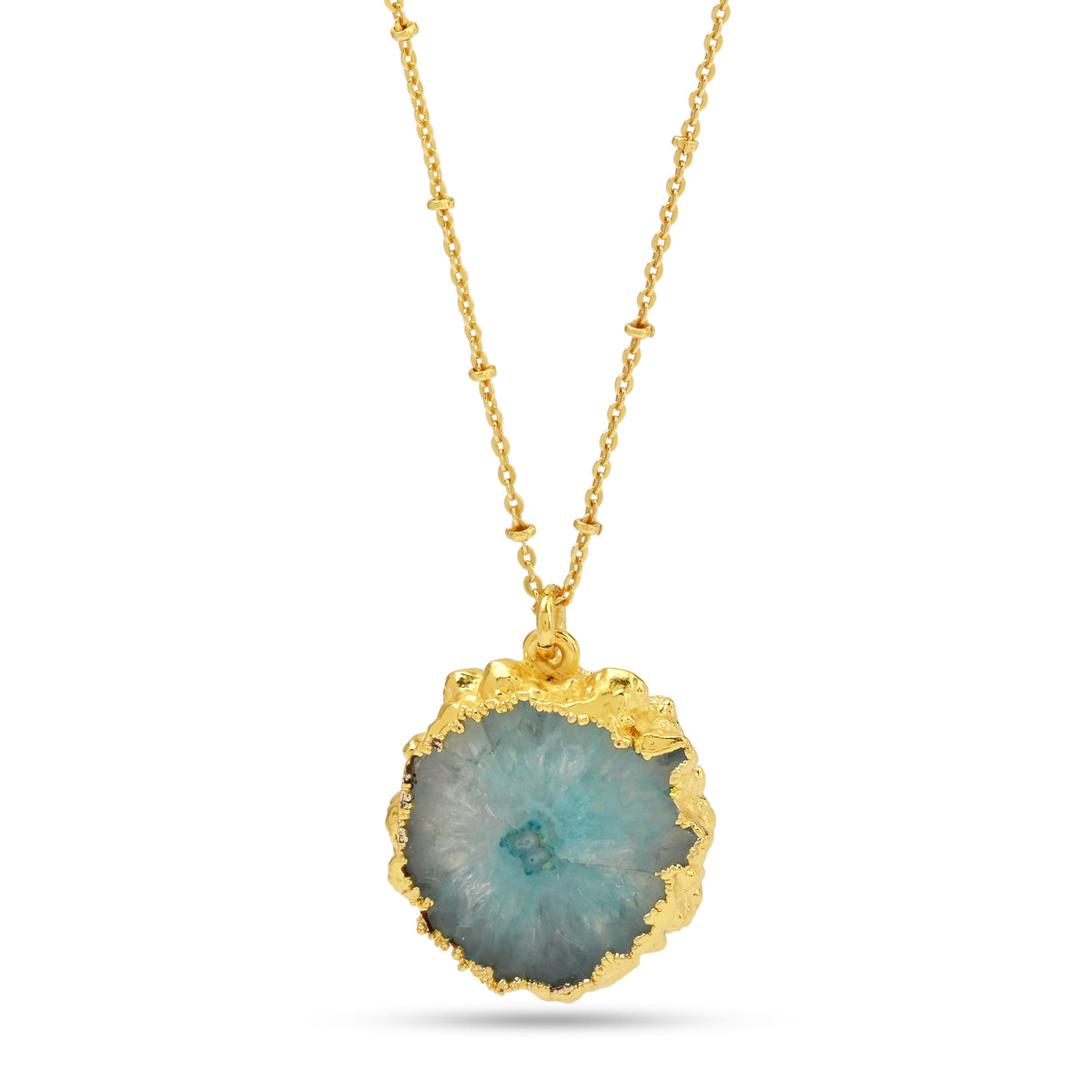 Gold-Plated Raw Aqua Solar Quartz Pendant Necklace