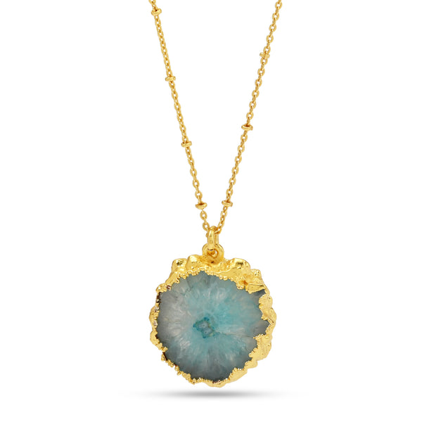 Gold-Plated Raw Aqua Solar Quartz Pendant Necklace