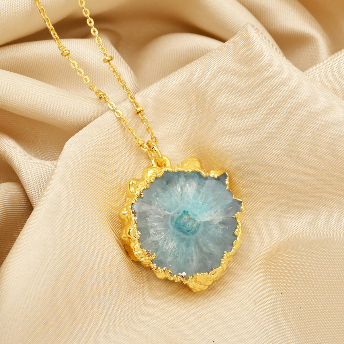 Gold-Plated Raw Aqua Solar Quartz Pendant Necklace