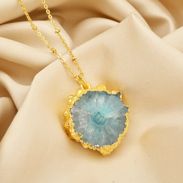 Gold-Plated Raw Aqua Solar Quartz Pendant Necklace